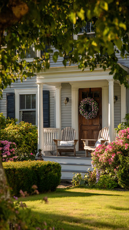 Warm scene showcasing a charming gray home featuring Adirondack chairs on the porch, a wooden door with a floral wreath, and beautifully landscaped garden.の素材
