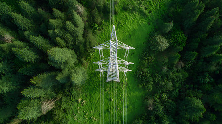 Striking aerial view capturing a white transmission tower amidst a lush green forest clearing, complete with visible power lines stretching across the landscape.の素材
