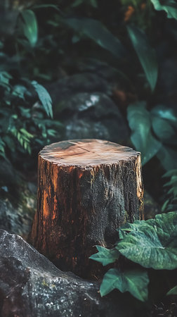 Natural image displaying a detailed tree stump resting among various green plants and stone, set within the muted ambiance of a dense forest environment.の素材