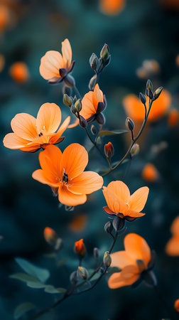 Captures a close up view of a delicate orange flower set against a deep teal backdrop, showcasing its intricate petals and creating a visually striking contrast.の素材
