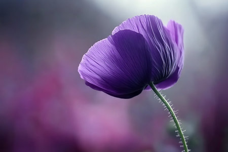 Close-up shot of a vibrant purple poppy flower, its textured petals on display. The soft, blurred pink and purple background enhances the flower's delicate beauty, creating a tranquil scene.の素材