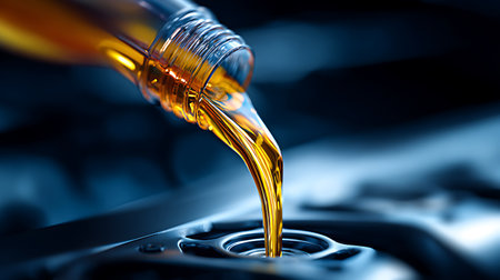 A close-up capturing golden motor oil being poured from a clear bottle into a car engine. The focus highlights the viscosity and color, emphasizing automotive care and maintenance.の素材