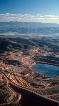 Striking aerial perspective showing an open-pit mine and a blue reservoir, set against a backdrop of distant mountains under a partly cloudy sky.の素材