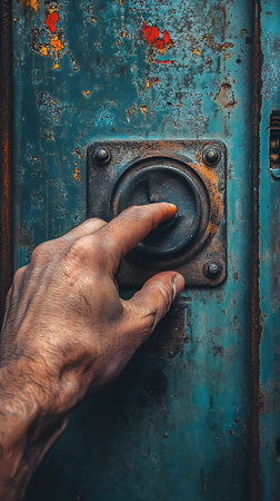 A human hand presses a black center button on a square metal plate with four screws, set against a weathered blue metal surface exhibiting rust and decay.の素材