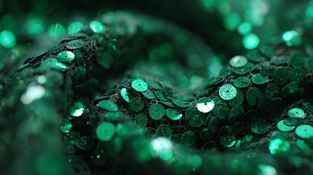 A close-up reveals luxurious emerald green sequins densely covering a dark, possibly lace, fabric base. The sparkling texture catches light, creating depth and shimmer.の素材