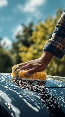 Close-up shot showcases a man's hand in a plaid shirt using a soapy yellow sponge to wash a dark car outdoors on a bright sunny day. Bubbles are visible.の素材