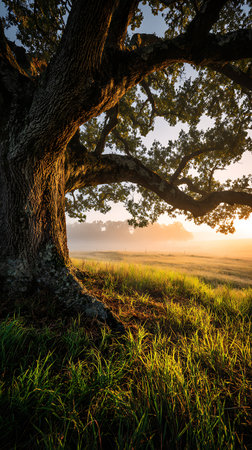 Striking view of the sun rising over a misty field, framed by the sprawling branches of an old oak tree. Golden light illuminates the landscape.の素材