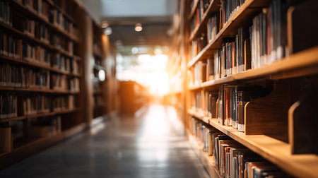 Inside a library, an eye-level view looking down a long aisle lined with multiple wooden bookshelves. Books of varying sizes and colors are neatly stacked, facing forward. Light illuminates the background.の素材