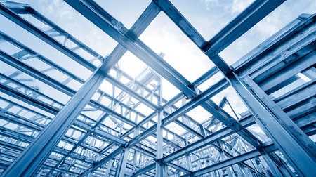 Toned, worm's-eye view reveals a metal framework under construction against a sky with wispy clouds. A complex grid of beams suggests a building's early stages.の素材