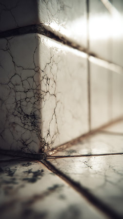 Close-up view of crackled, vintage-style tiles forming a corner. Grout lines are visible, with the aging adding to the aesthetic. Imperfections and distressed look prominent.の素材