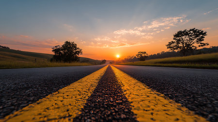 Low-angle photograph of a road with a bright yellow line stretching towards the horizon during sunrise. Trees line the sides of the road, and the sky is orange with light clouds.の素材