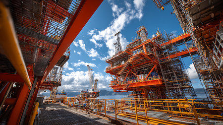 Wide-angle view of a brightly colored offshore oil platform under a partly cloudy blue sky, depicting complex structural engineering, metalwork, and offshore drilling infrastructure.の素材