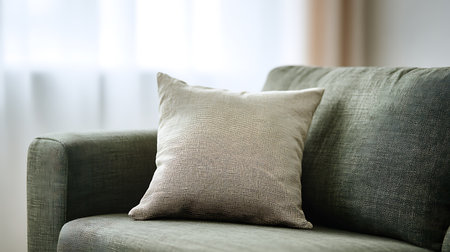 A textured, square pillow rests on a green textured couch, positioned in front of a blurry window letting in soft, diffused light, creating a comfortable interior scene.の素材
