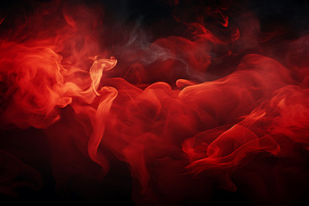 A dynamic abstract of fiery red swirls against a dark backdrop forms a dramatic scene; cloud like and smoke like textures create an illusion of movement and heat.の素材