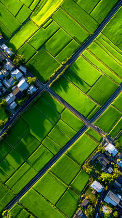 Captivating aerial perspective of vibrant green rice fields intersected by roads, adjacent to residential areas with houses. Agriculture and transportation meet in a rural setting.の素材