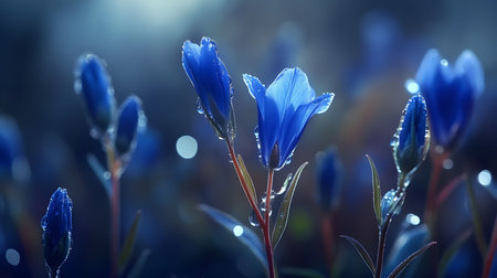 This close up showcases cobalt blue gentian flowers adorned with water droplets, creating a luminous and ethereal effect against a blurred, cool toned natural backdrop.の素材