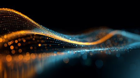Abstract image of glowing orange and blue wavy lines that form a data stream visualization effect against a dark background with bokeh lights for depth perception.の素材