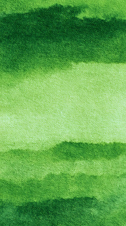Abstract watercolor illustration featuring a textured background in various shades of green, arranged in horizontal stripes. This organic pattern showcases blended tones and soft edges.の素材