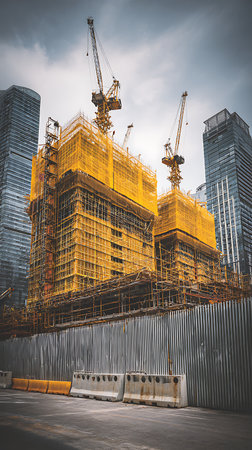 A view from ground level looking up at a skyscraper construction site, featuring yellow netting, scaffolding, cranes, and a security fence in front. City buildings in background.の素材