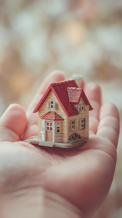 A close-up showcases a delicate miniature house with a red roof and beige siding, nestled securely within an open human palm against a neutral, bokeh-filled background.の素材