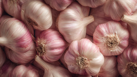 Numerous pink garlic bulbs fill the frame, their papery skins displaying subtle pink striations. Tightly packed, these cloves create a textured, aromatic composition, ideal for cooking.の素材