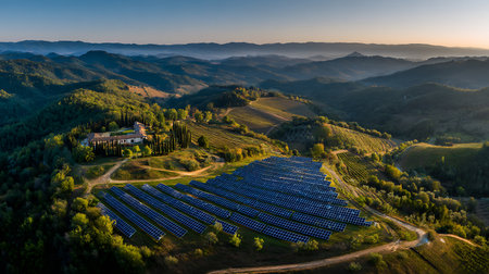 Aerial view of a large solar panel array in Tuscany, Italy, alongside vineyards and a villa, set against a backdrop of rolling hills and a soft morning sunrise.の素材