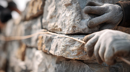 Masonry work detail shows gloves handling a string to precisely build a stone wall outdoors. Stones appear light-colored and rugged, emphasizing textured craftsmanship.の素材