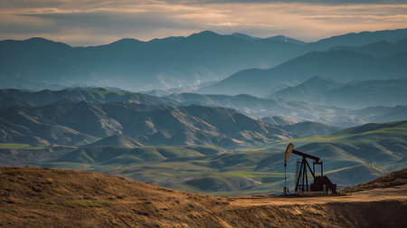 This image showcases an oil pumpjack silhouetted against rolling green and brown hills, with soft focus mountain ranges receding into the distance under a cloudy sky.の素材