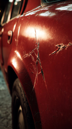 Close-up shot showing heavy scratches and damage to a red car door. Paint is chipped away, revealing the bare metal beneath. Focus is sharp on the damaged area, suggesting wear.の素材