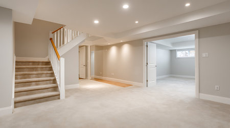The image showcases a renovated basement space featuring a carpeted staircase with white railing and a doorway leading to another room, also carpeted. Recessed lighting throughout.の素材