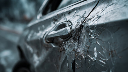 Close-up shot showing a silver car's exterior. Extreme damage is visible on the rear passenger door, including a completely shattered window and visible dents.の素材