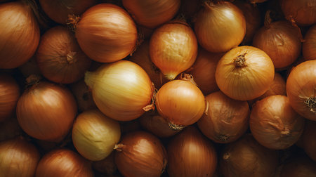 An overhead shot showcases a tightly packed heap of fresh, raw yellow onions with visible skin textures. The colors range from light yellow to dark orange-brown shades.の素材