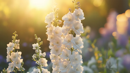 This image highlights the exquisite detail of sunlit white delphinium blossoms amidst a blurred natural setting, emphasizing their delicate petals and graceful form.の素材