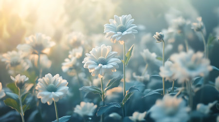 Captures a field of white daisy flowers with soft lighting, evoking tranquility and natural beauty. Features delicate details and ethereal glow, perfect for serene floral themes.の素材