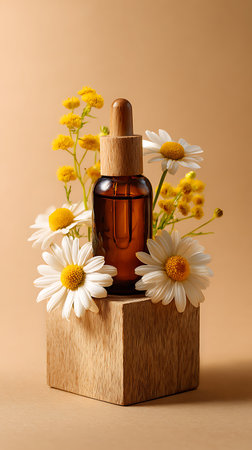 Studio shot of a brown amber dropper bottle on a square wooden block surrounded by daisies and yellow flowers against a neutral background, showcasing product elegance.の素材