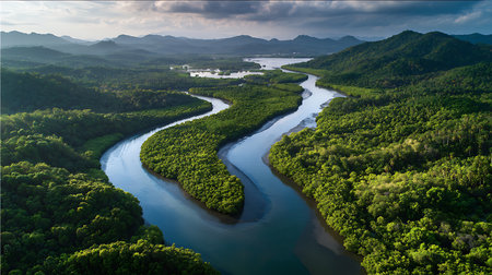 Aerial view showcases a sinuous river winding through lush green forests and hilly terrain under a cloudy sky. The tranquil scene captures the beauty of nature and landscape.の素材