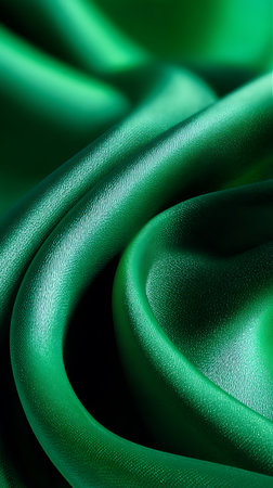 A stunning close-up of emerald green silk fabric showcases its intricate texture and luxurious folds. The smooth, flowing curves create a visually appealing design element.の素材