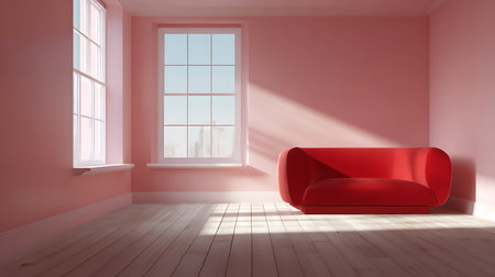 Light-filled pink room featuring a modern red couch, two windows, and light hardwood flooring. Sunbeams illuminate the room's interior. Contemporary interior design concept.の素材
