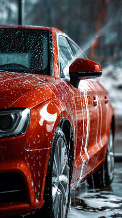 Close up of a shiny, bright red car being sprayed with water and soap at a carwash, showing the front headlight, fender, and tire, with water droplets.の素材