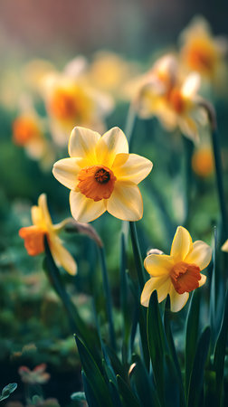 Up-close capture of yellow daffodil flowers featuring orange centers illuminated with sunlight. Captivating botanical shot highlighting springtime beauty with blurred background.の素材