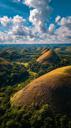 Breathtaking aerial view of the iconic Chocolate Hills in Bohol, Philippines. This landscape features grassy hills with lush green forests under a vivid blue sky with scattered clouds.の素材
