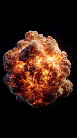 Dramatic image showcasing a massive cloud of fire and smoke against a solid black background. The fiery blast reveals intense heat and dynamic, volumetric detail.の素材