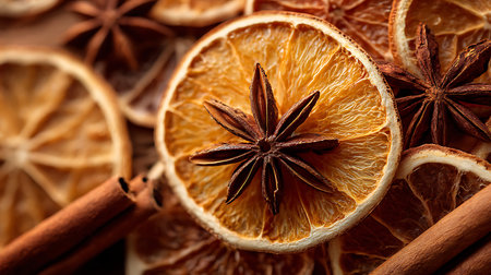 Macro shot showcasing dehydrated orange slices, complemented by star anise and cinnamon sticks. Details like fruit texture and spice color are visible. Warm, aromatic composition.の素材