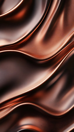 Metallic copper texture flows gracefully, revealing highlights and shadows. The smooth, wavy background showcases a modern abstract design with a luxurious feel, perfect for various applications.の素材