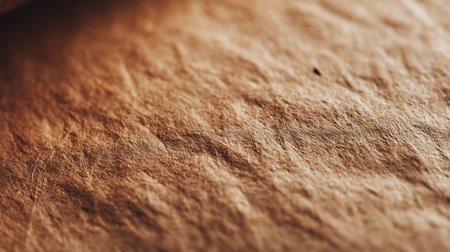 Focused view showcases the rough surface of wrinkled brown paper, highlighting the intricate details and fibers. Macro perspective accentuates the abstract qualities and natural texture.の素材