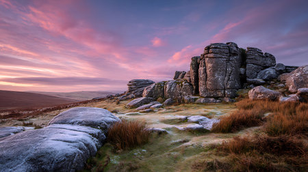 Tranquil sunrise over the frosted Dartmoor National Park landscape featuring imposing granite boulders and pink-streaked sky creating a scenic view across the moorland.の素材