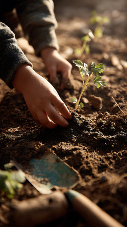 Close-up shot of hands planting a parsley seedling in dark garden soil. A small blue trowel is visible in the foreground. Selective focus highlights the seedling's leaves.の素材