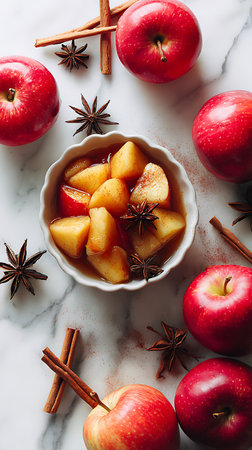 High-angle shot showcases a bowl of spiced apples surrounded by vibrant red apples, cinnamon sticks, and star anise on a white marble surface. Ideal for festive fall themes.の素材