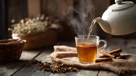 Hot tea pours from a teapot into a clear glass mug, steaming on a rustic wooden surface with cinnamon sticks, burlap, tea leaves, and woven baskets.の素材