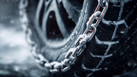 Close-up of snow chains attached to a car tire. The black tire and shiny metal chains are lightly covered in snow during winter weather conditions.の素材
